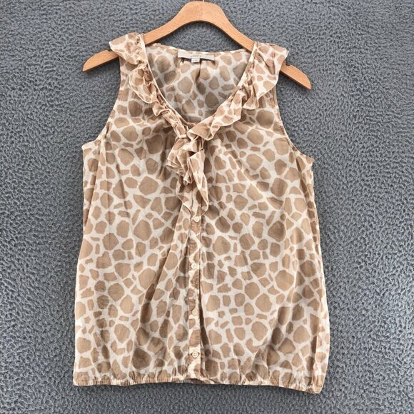 LOFT Tops - LOFT Top Womens Medium Beige Giraffe Print Ruffle Button Up Sleeveless Blouse